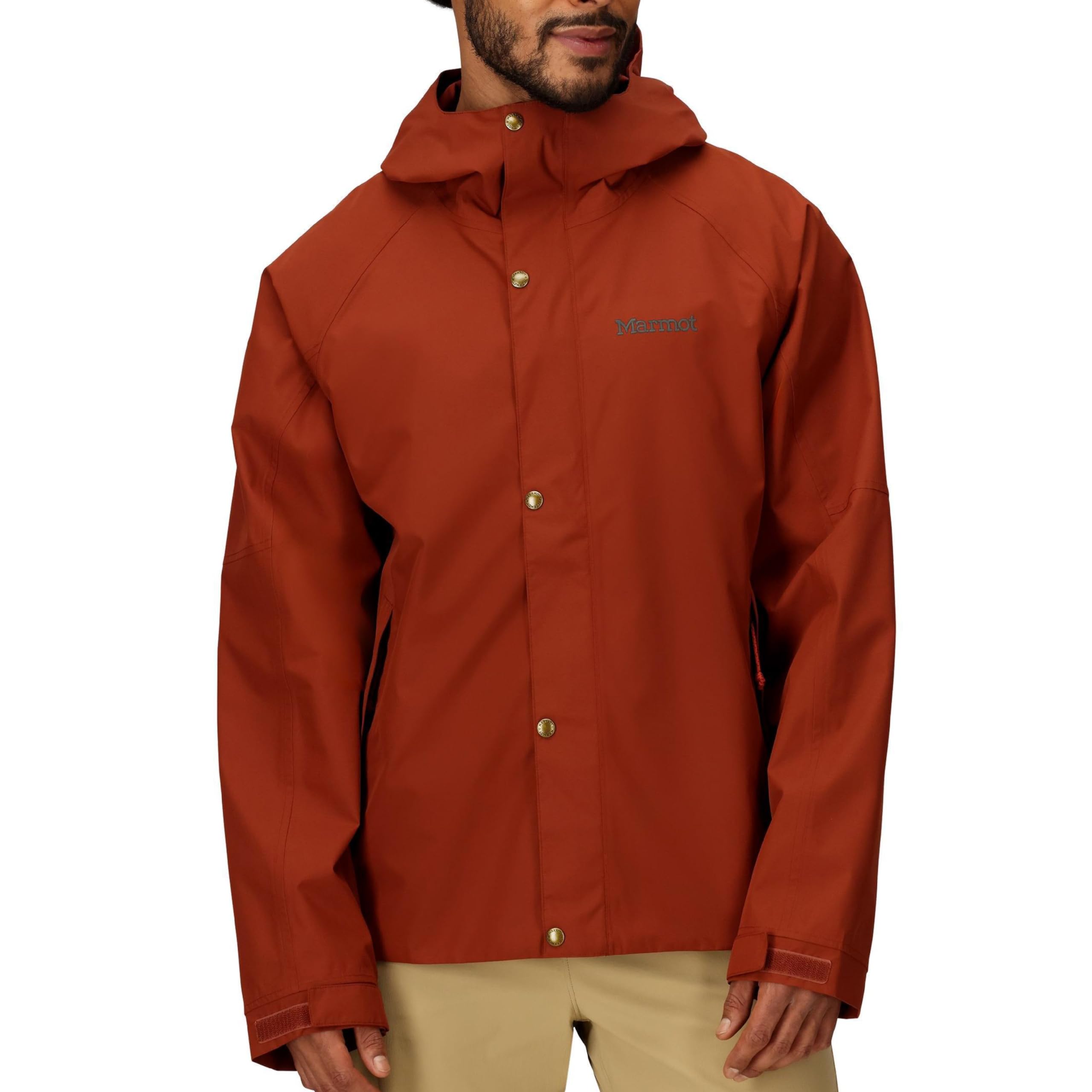 MARMOT Cascade jacket front view demonstrates waterproof protection for rainy hikes.