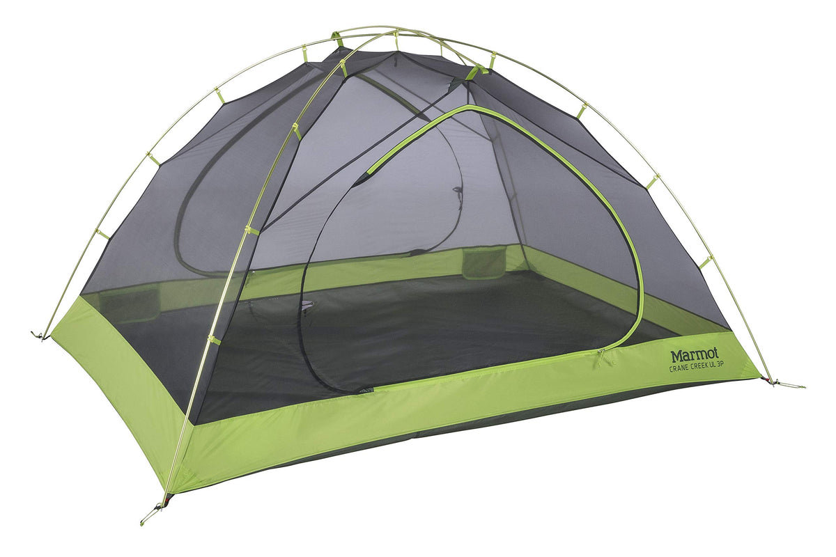 Marmot Crane Creek 3P tent front view highlights spacious sleeping area for three campers.