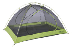 Marmot Crane Creek 3P tent front view highlights spacious sleeping area for three campers.