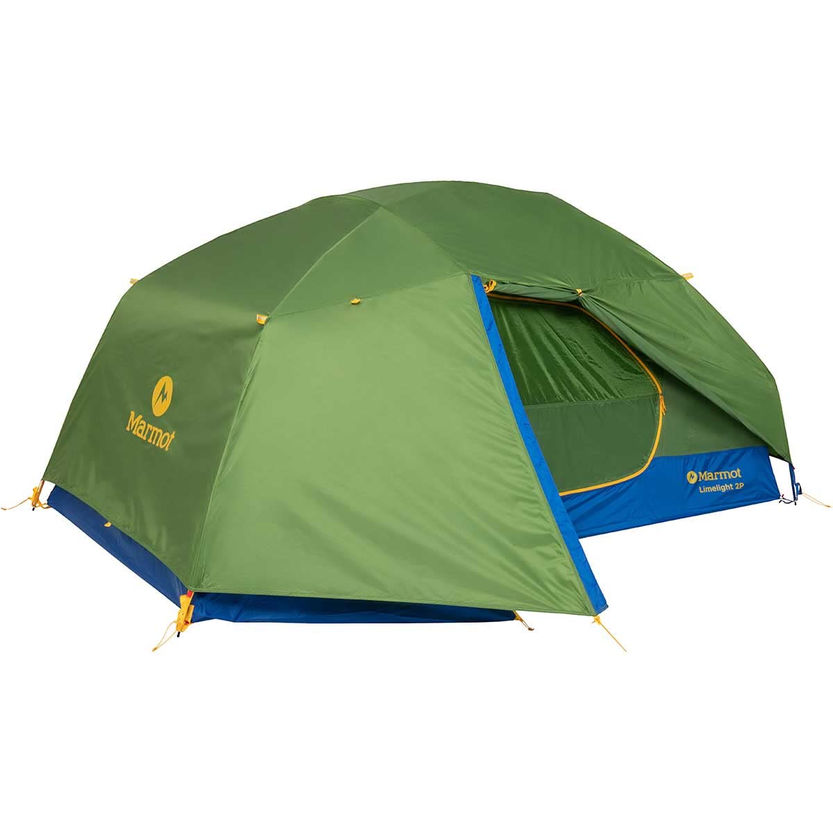 Marmot Limelight 2P tent pitched in a forest setting with a large entrance.