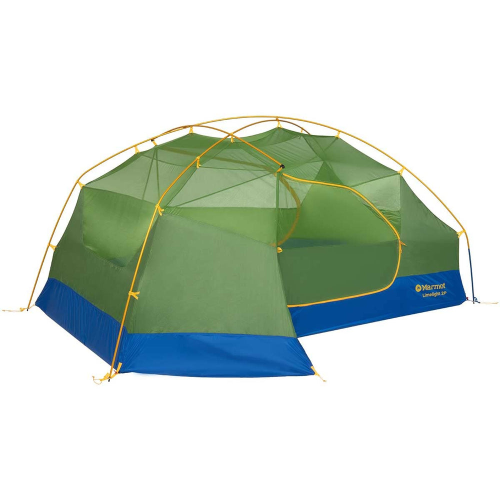 Marmot Limelight 2P tent with two vestibules and gear organized inside.