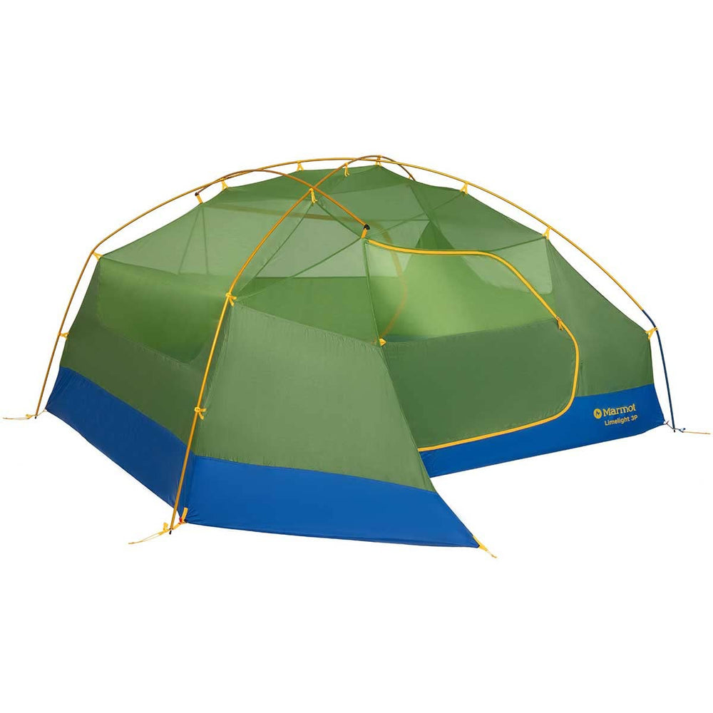 Marmot Limelight tent demonstrates easy-pitch setup with color-coded clips for fast assembly.