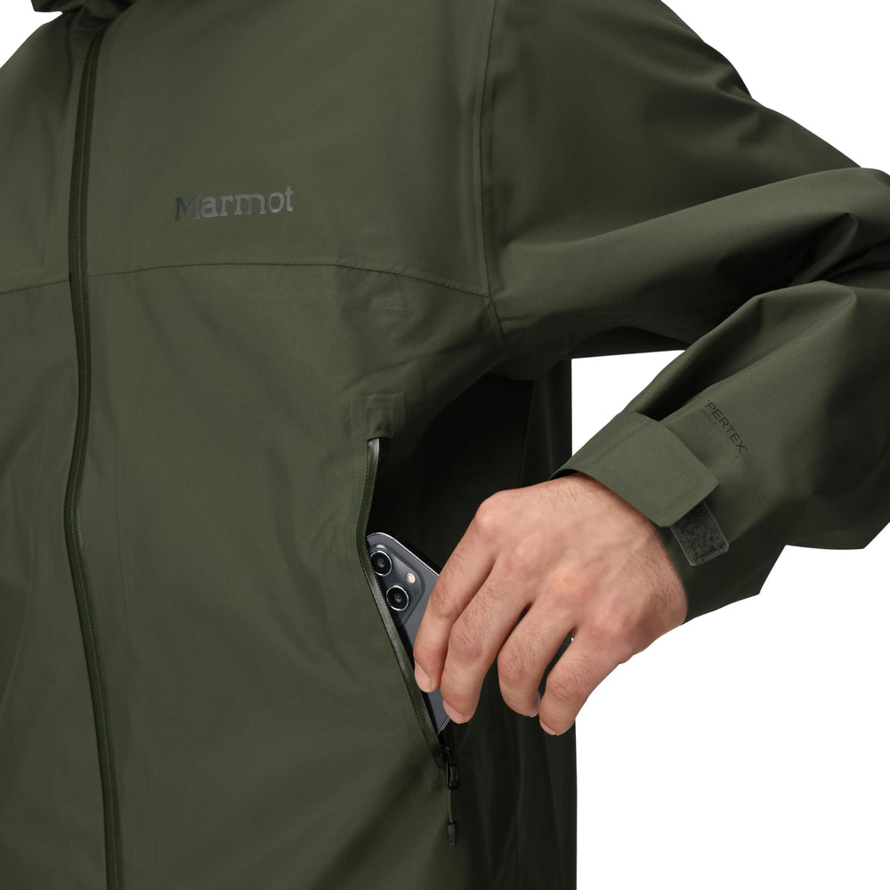 Marmot Minimalist Pertex Jacket Nori pocket close-up showing secure zipper storage