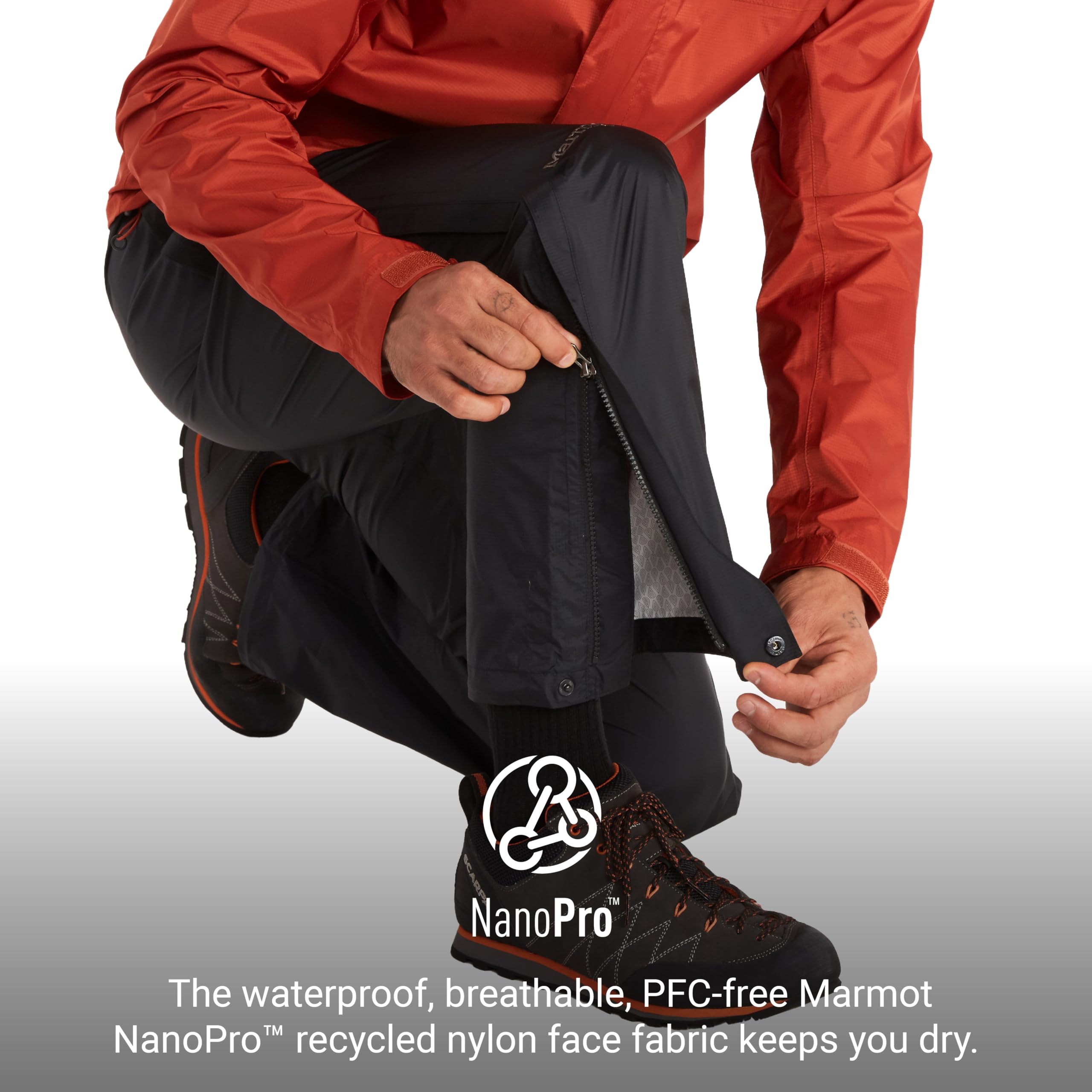 MARMOT PreCip Eco knee articulation demonstrates full range of motion