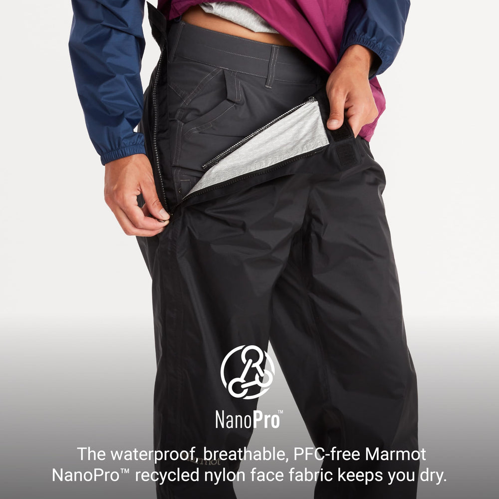 MARMOT PreCip Eco pants bonded storm flaps blocking the elements.