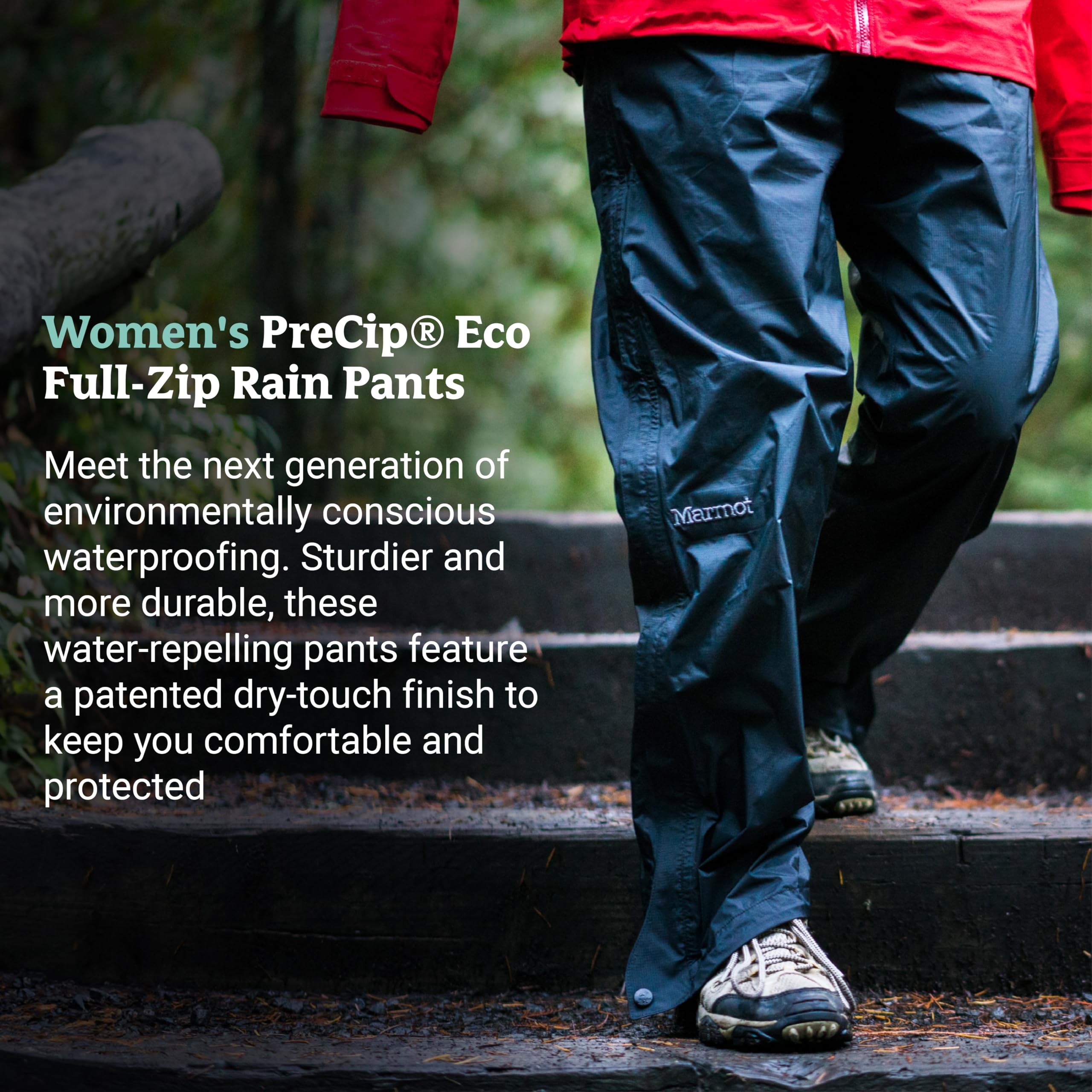 MARMOT PreCip Eco pants elastic waist for secure, comfortable fit.