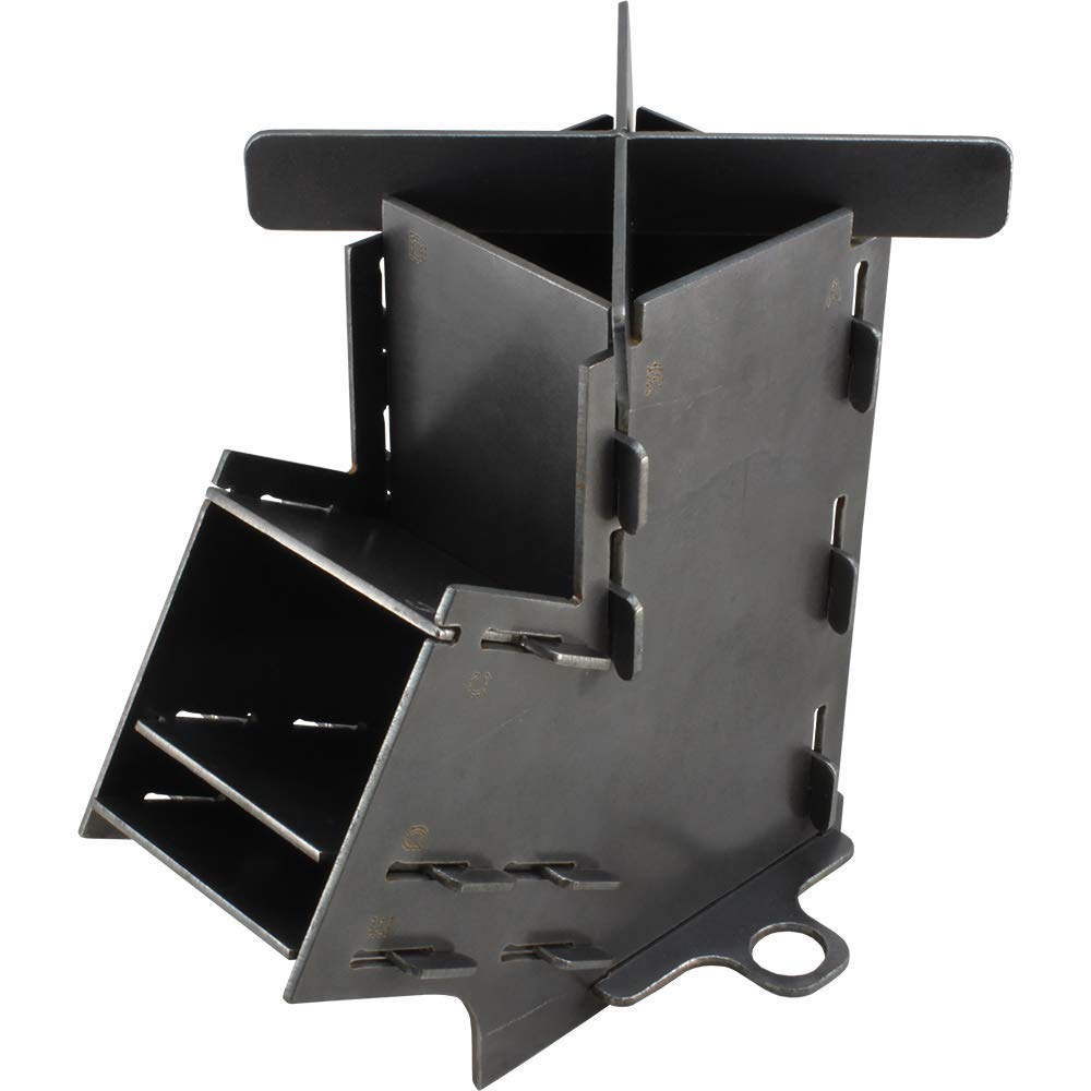 Marsh Kettles flat-pack mini rocket stove assembled for easy transport and fast setup.