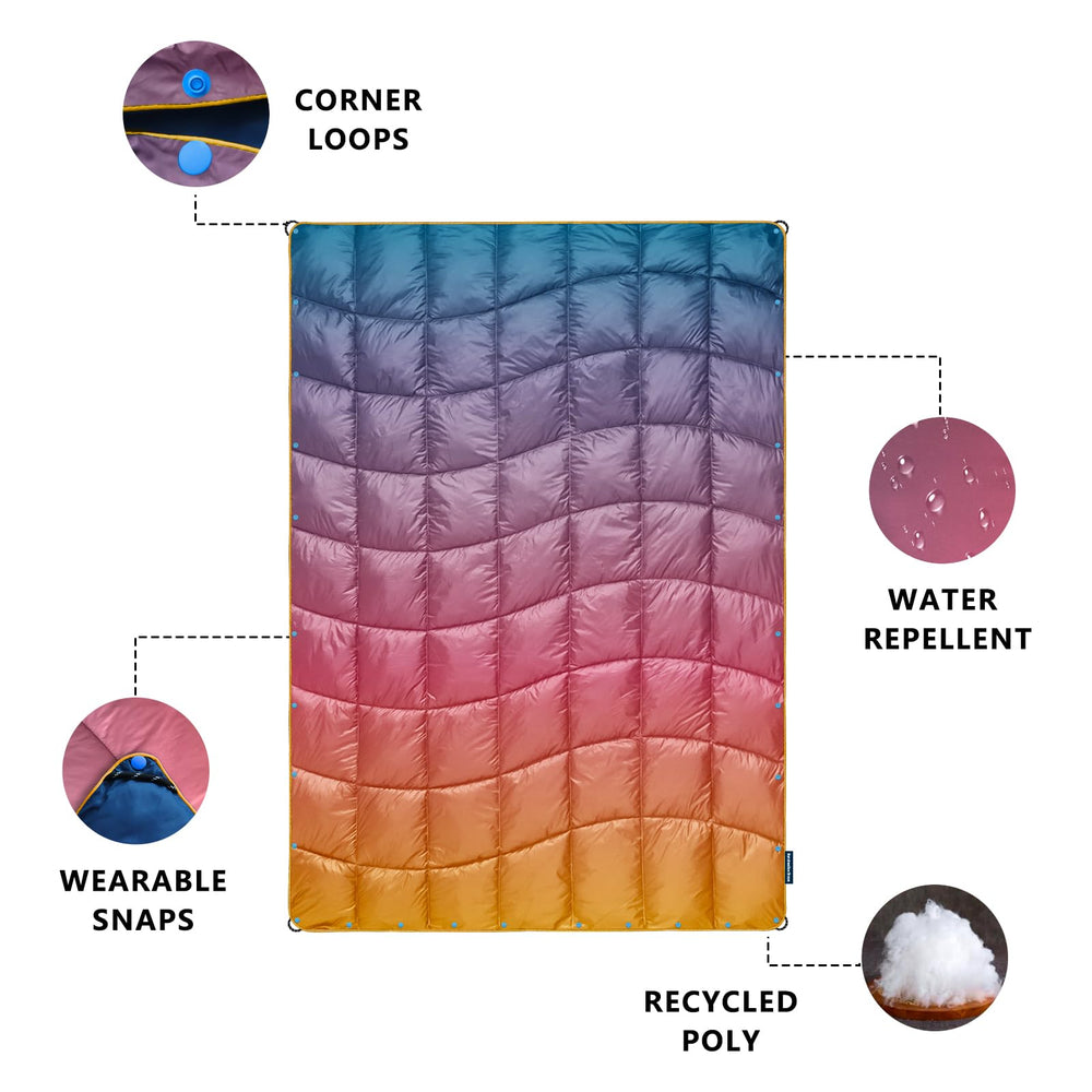 Marshmallow Dream camping blanket open 52 by 75 inches for full-body coverage.