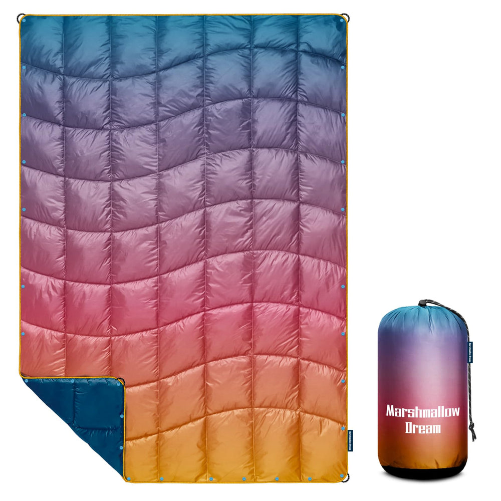 Marshmallow Dream camping blanket folded compact for backpacking—ultra-lightweight and portable.