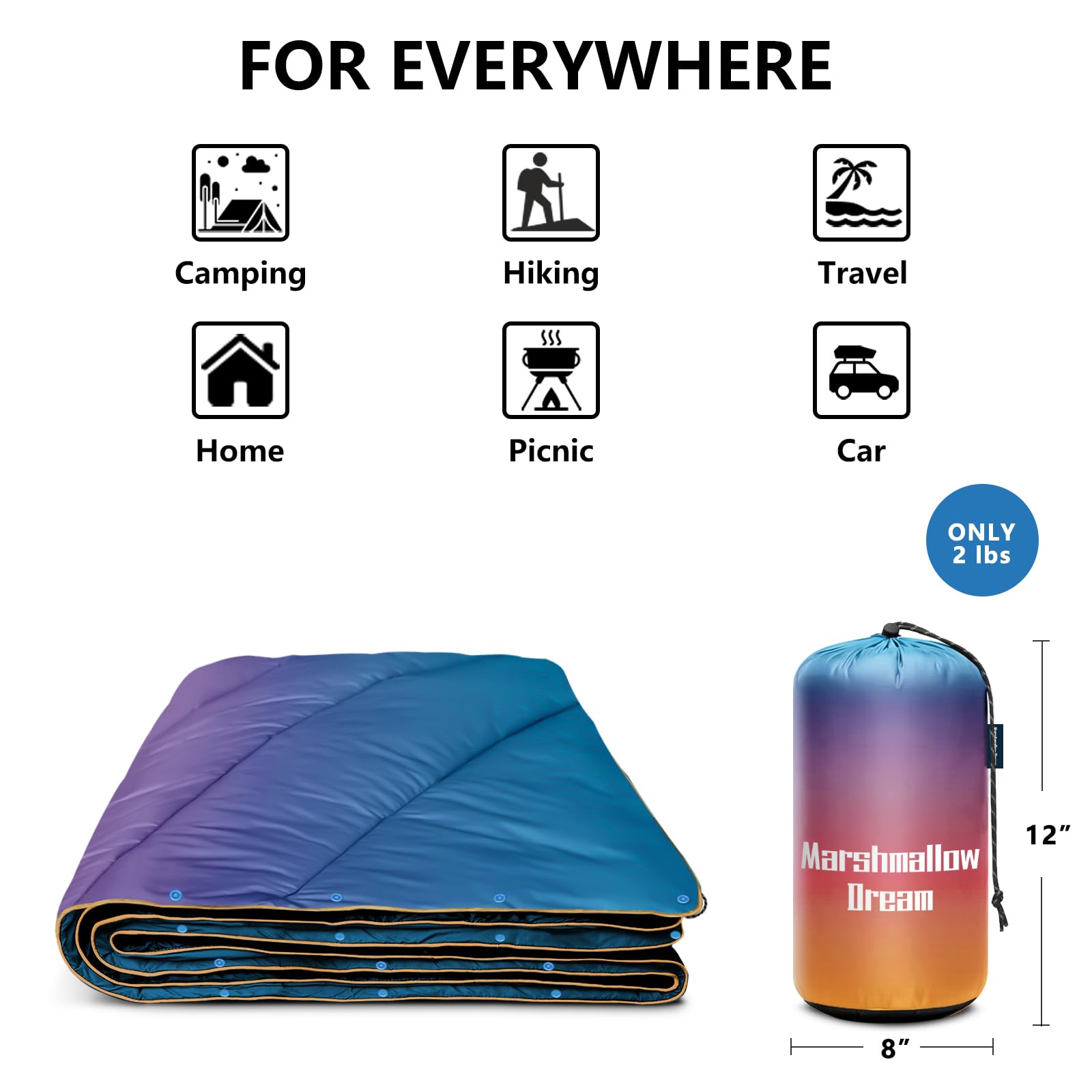 Marshmallow Dream blanket stuffed into 8x13 inch storage bag for easy carry.
