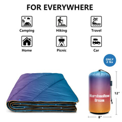 Marshmallow Dream blanket stuffed into 8x13 inch storage bag for easy carry.