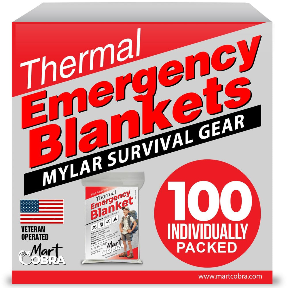 Mart Cobra emergency blanket 100-pack bulk ready for homeless care kits and quick warmth.