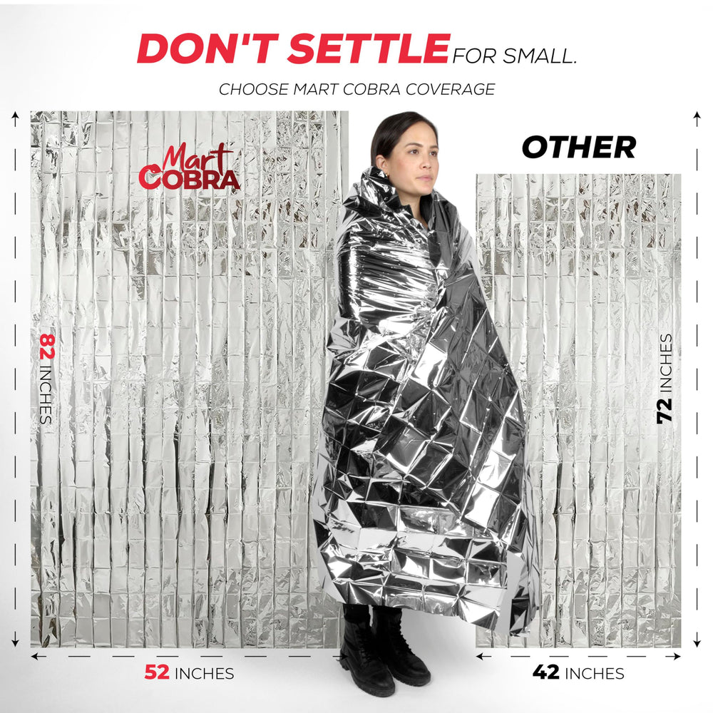 Mart Cobra emergency blanket 82x52 inches delivers ample warmth in shelter scenarios.