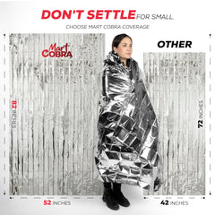 Mart Cobra emergency blanket 82x52 inches delivers ample warmth in shelter scenarios.