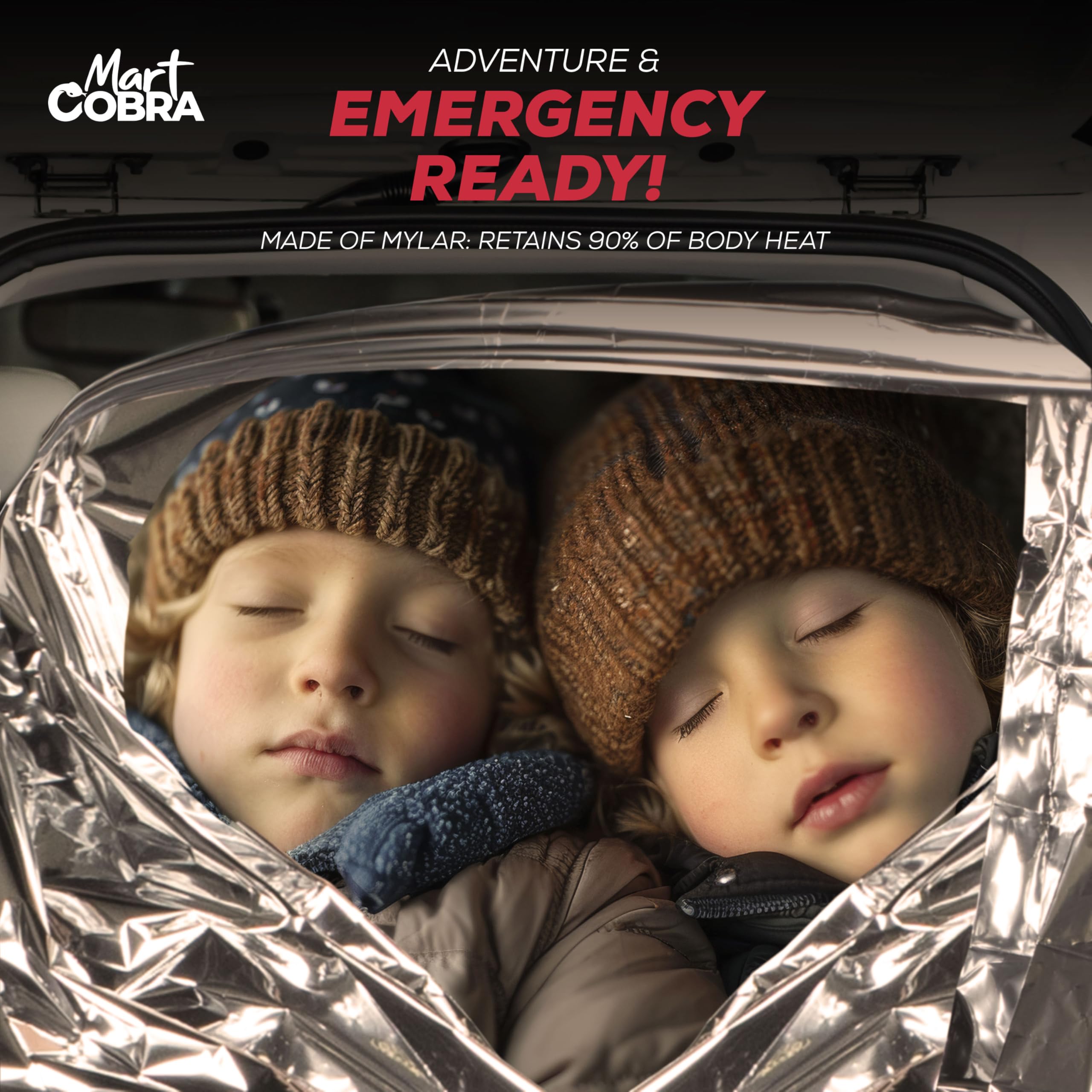 Mart Cobra emergency blanket retains 90% body heat for quick warmth.
