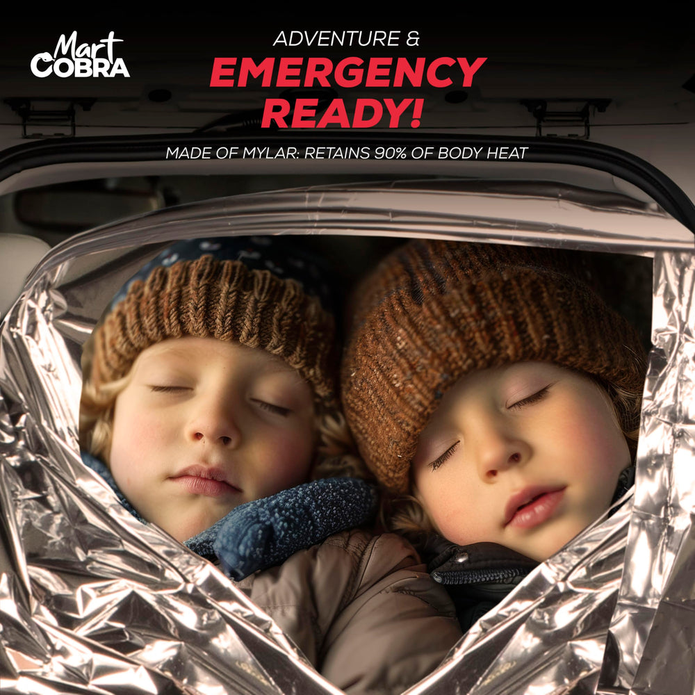 Mart Cobra emergency blanket retains 90% body heat for quick warmth.
