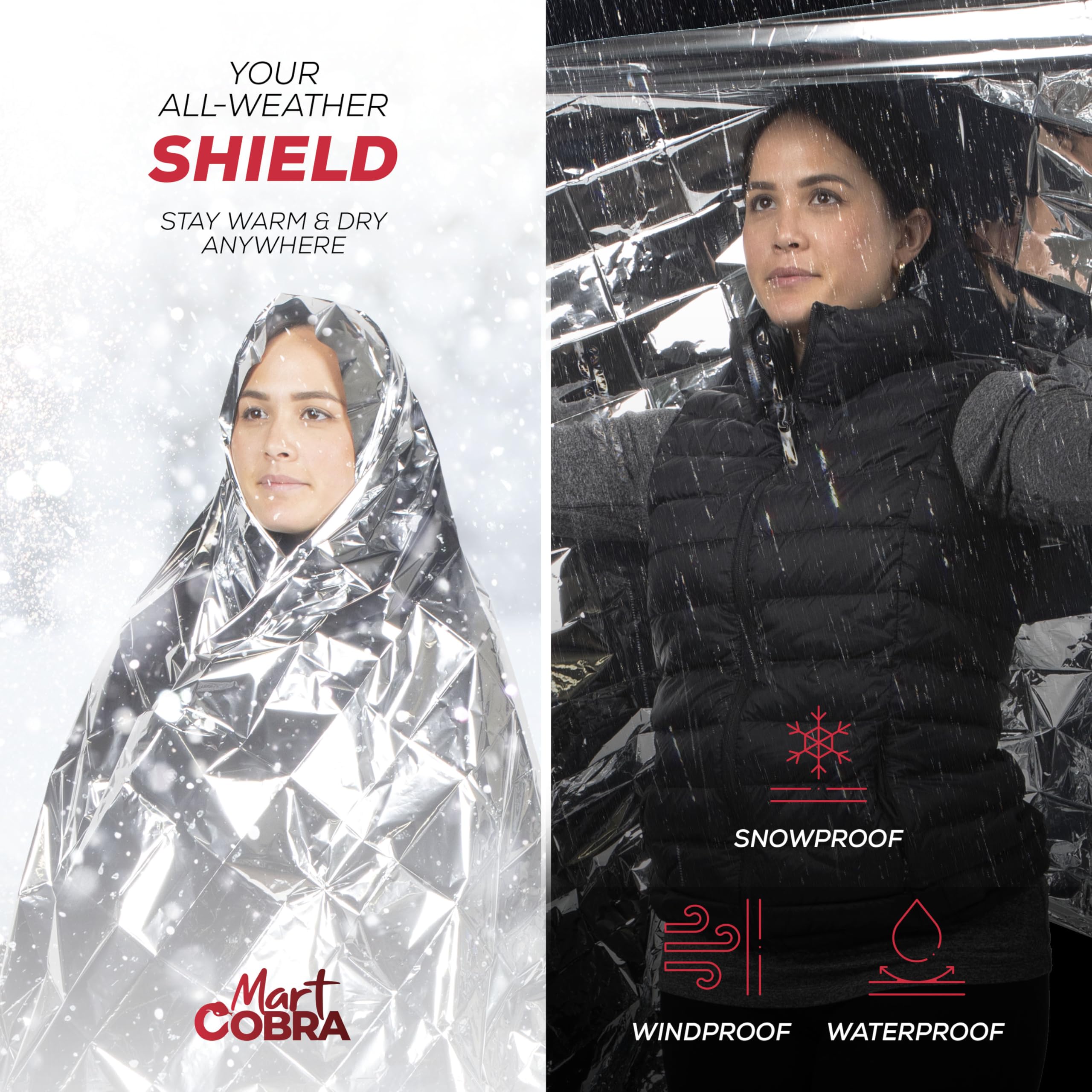 Mart Cobra emergency blanket versatile for camping and shelter applications.