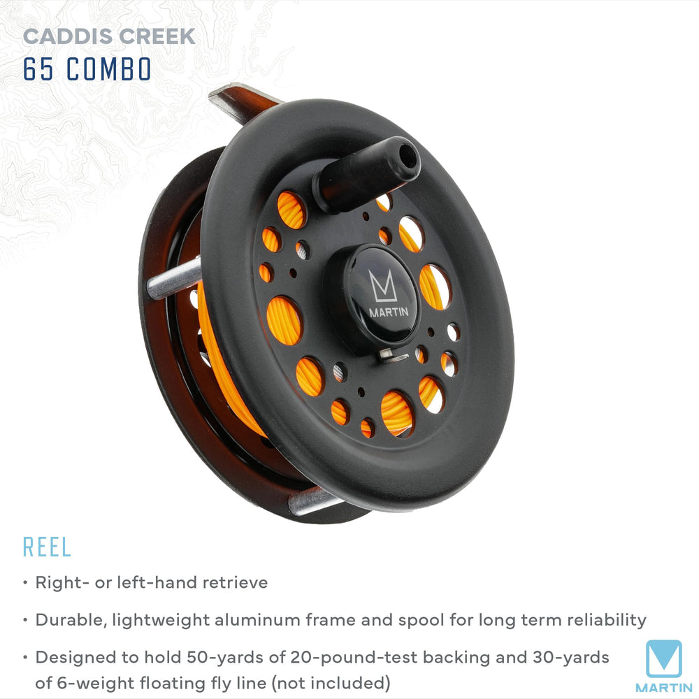 Reel with interchangeable right- or left-hand retrieve in Martin Caddis Creek combo