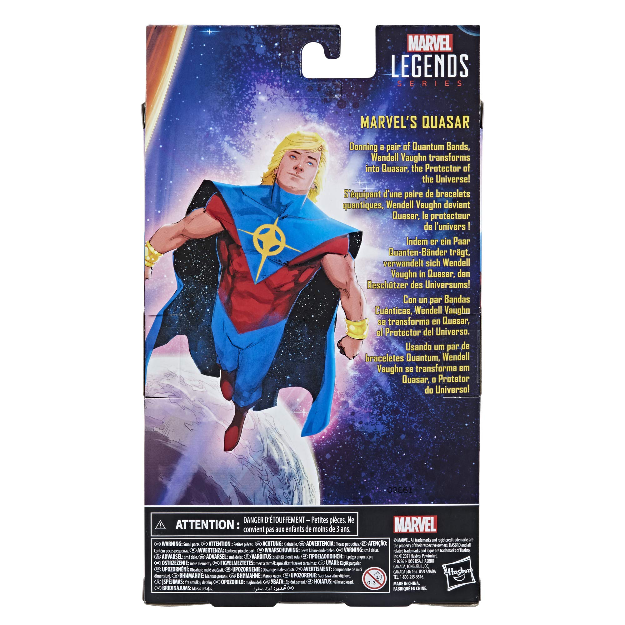 Marvel Hasbro Quasar packaging and scale display suitable for shelves.