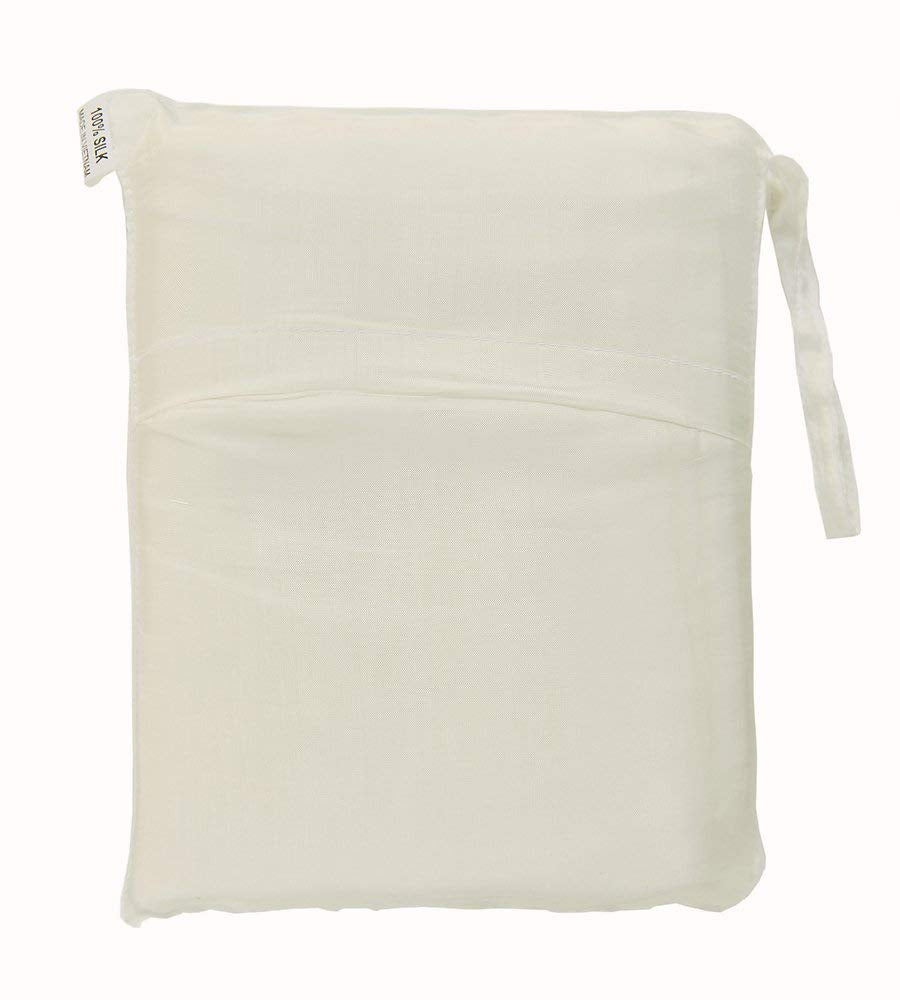 Marycrafts mulberry silk liner folded in its travel pouch for compact portability.