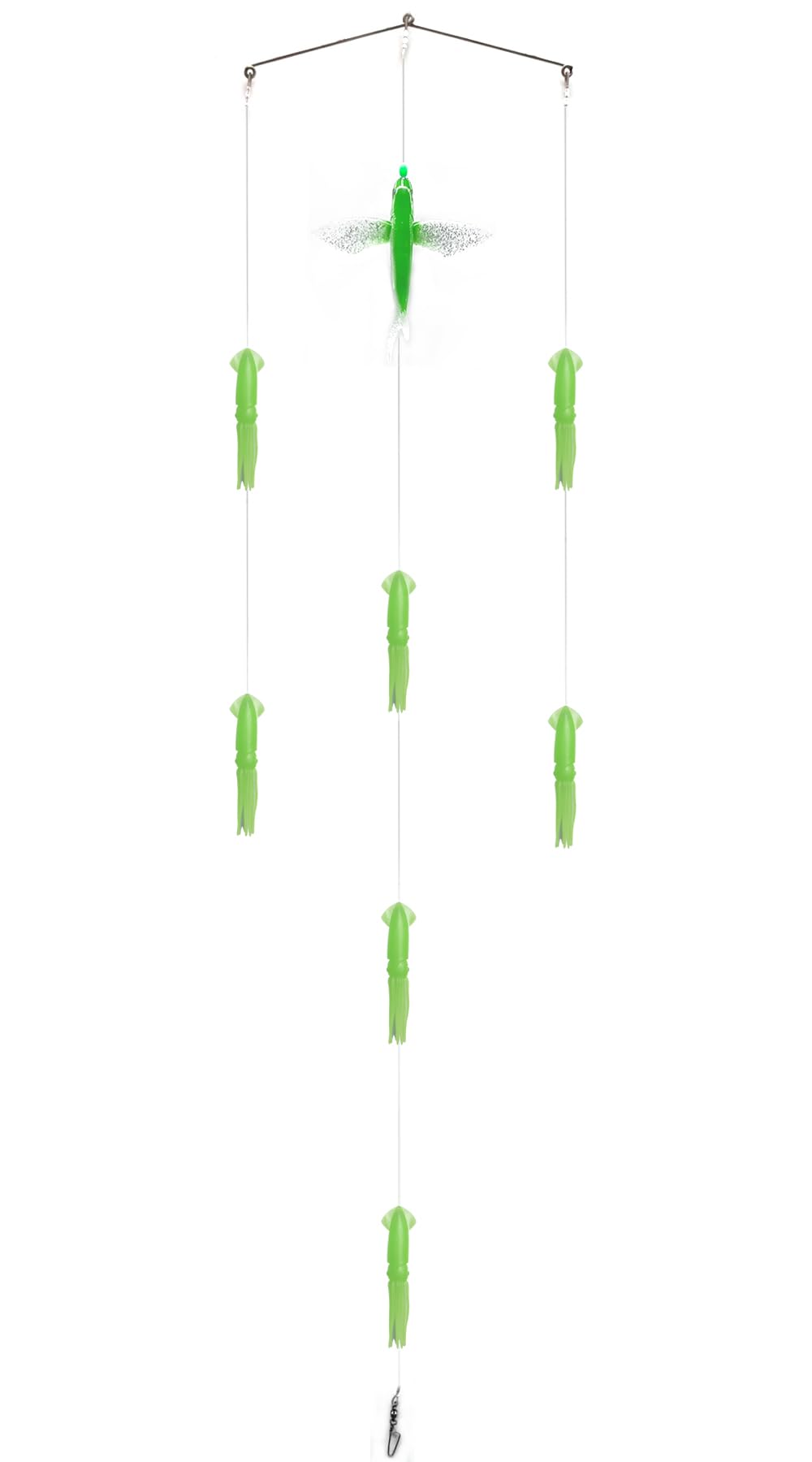 MasterPro squid spreader bar green 3 rings highlights high-visibility lures for attracting distant billfish.