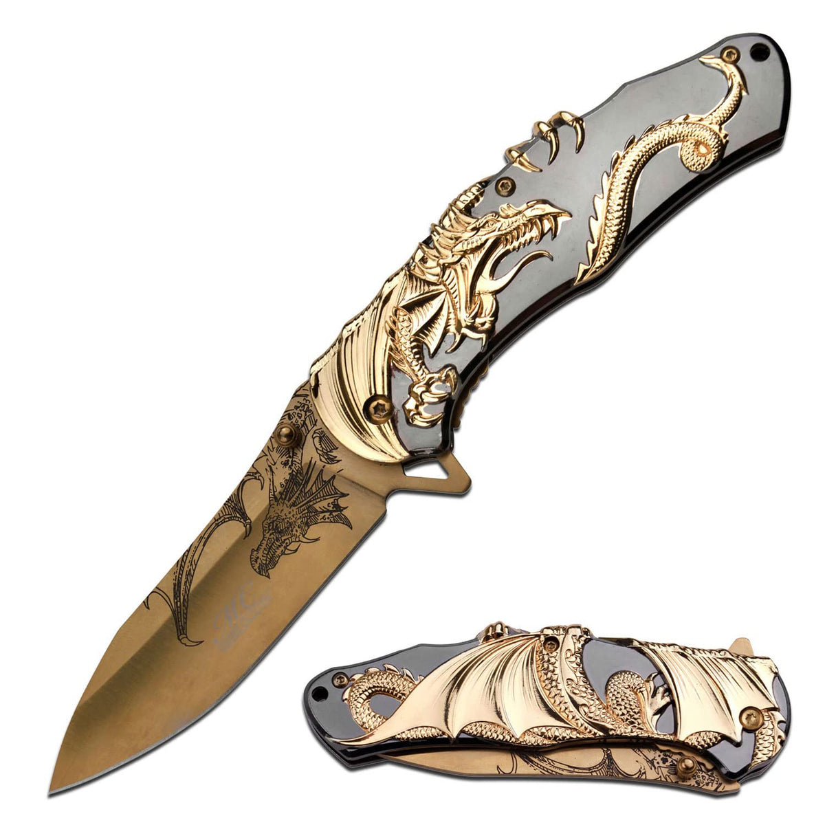 Masters Collection MC-A045 spring-assisted knife front view with gift box