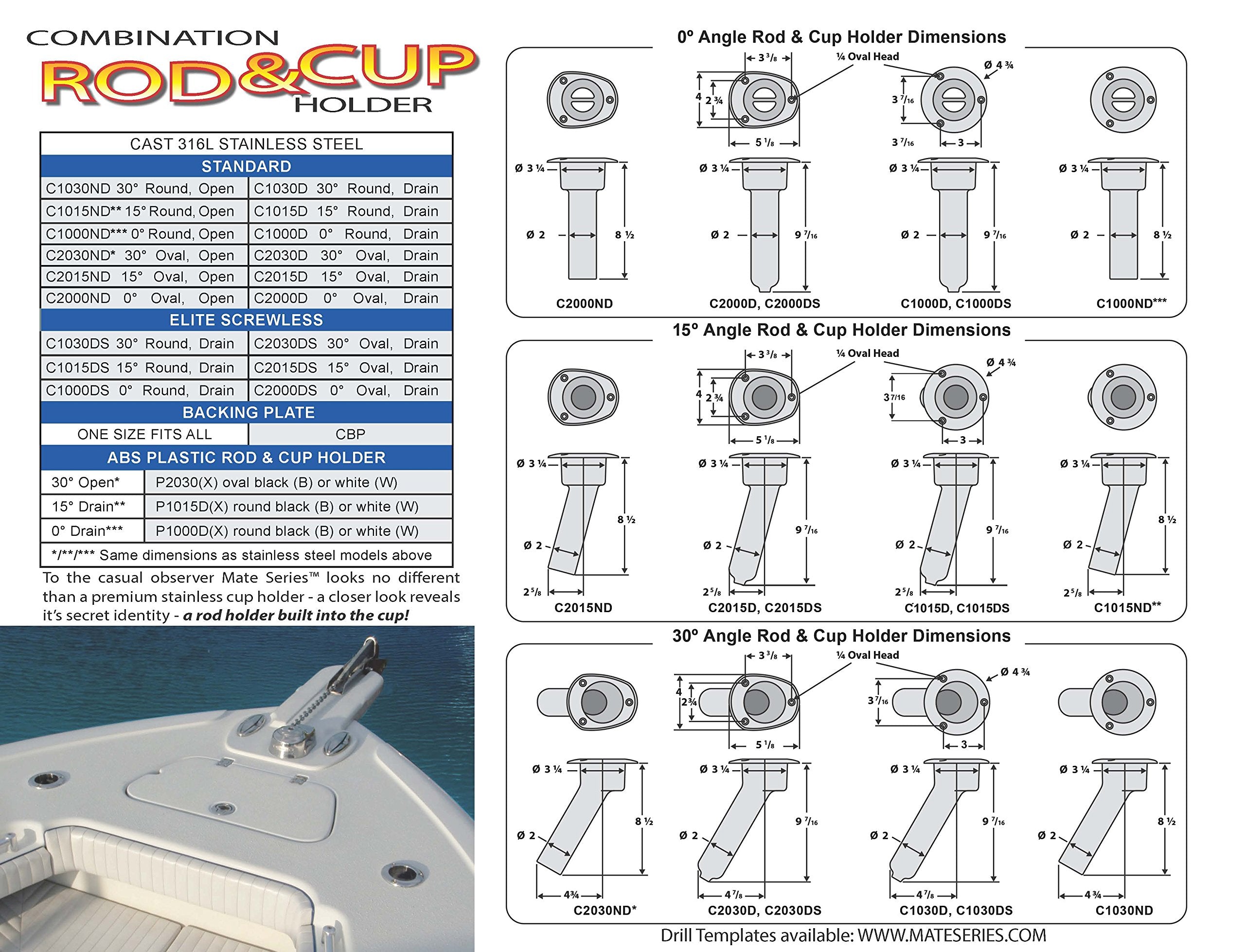 Mate Series white 15° holder, side view showing slim profile for deck space efficiency