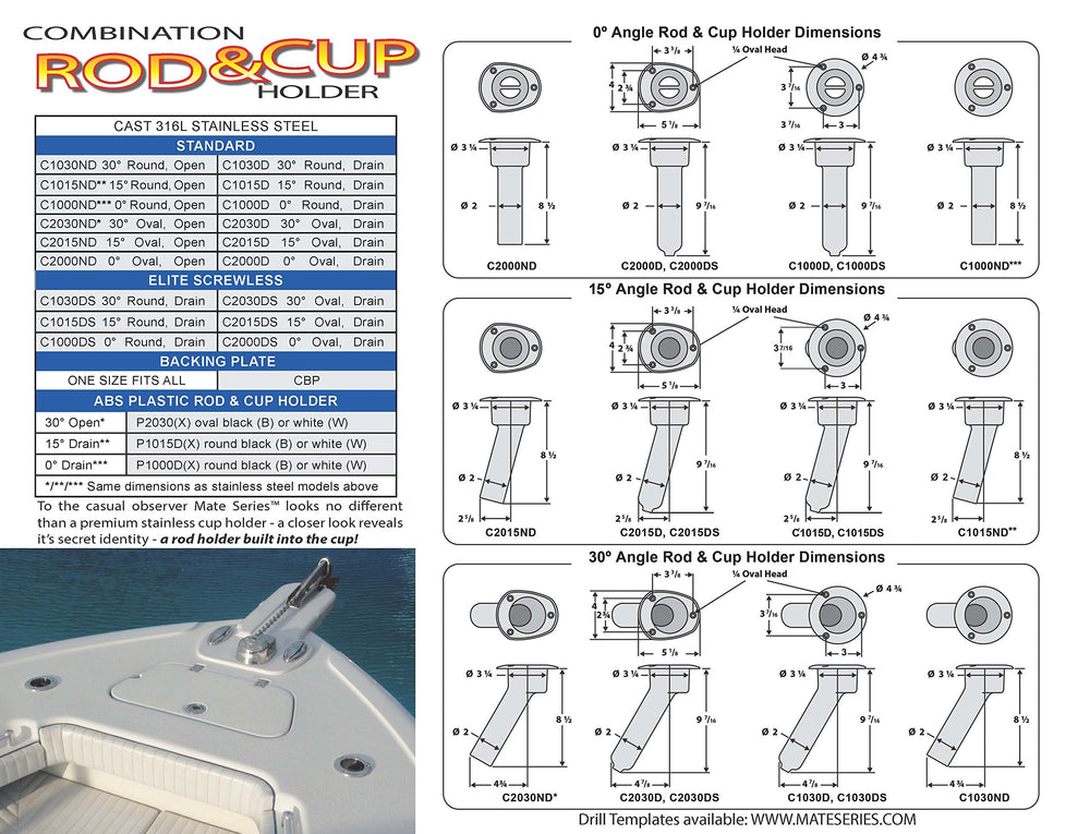 Mate Series white 15° holder, side view showing slim profile for deck space efficiency