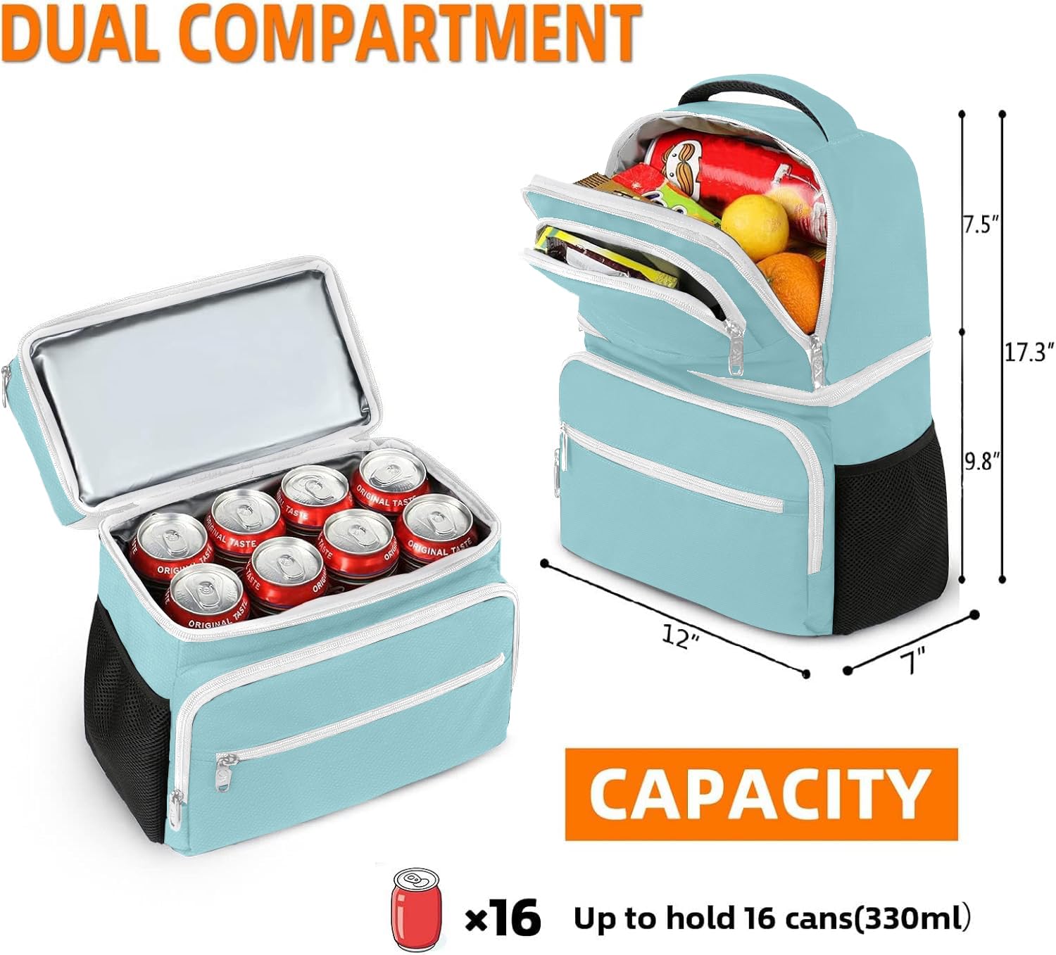 MATEIN Backpack Cooler dual compartments store drinks and dry items separately for organization