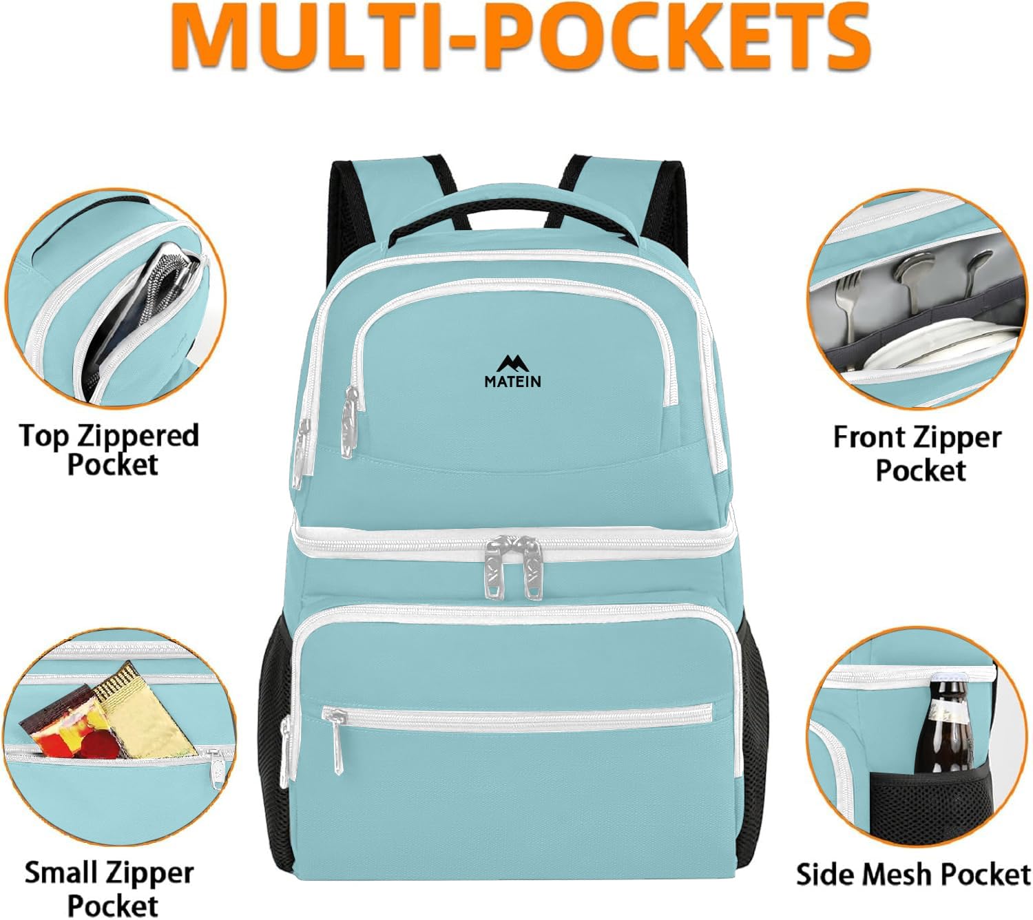 MATEIN Backpack Cooler side pockets hold bottles and a beer opener for convenience