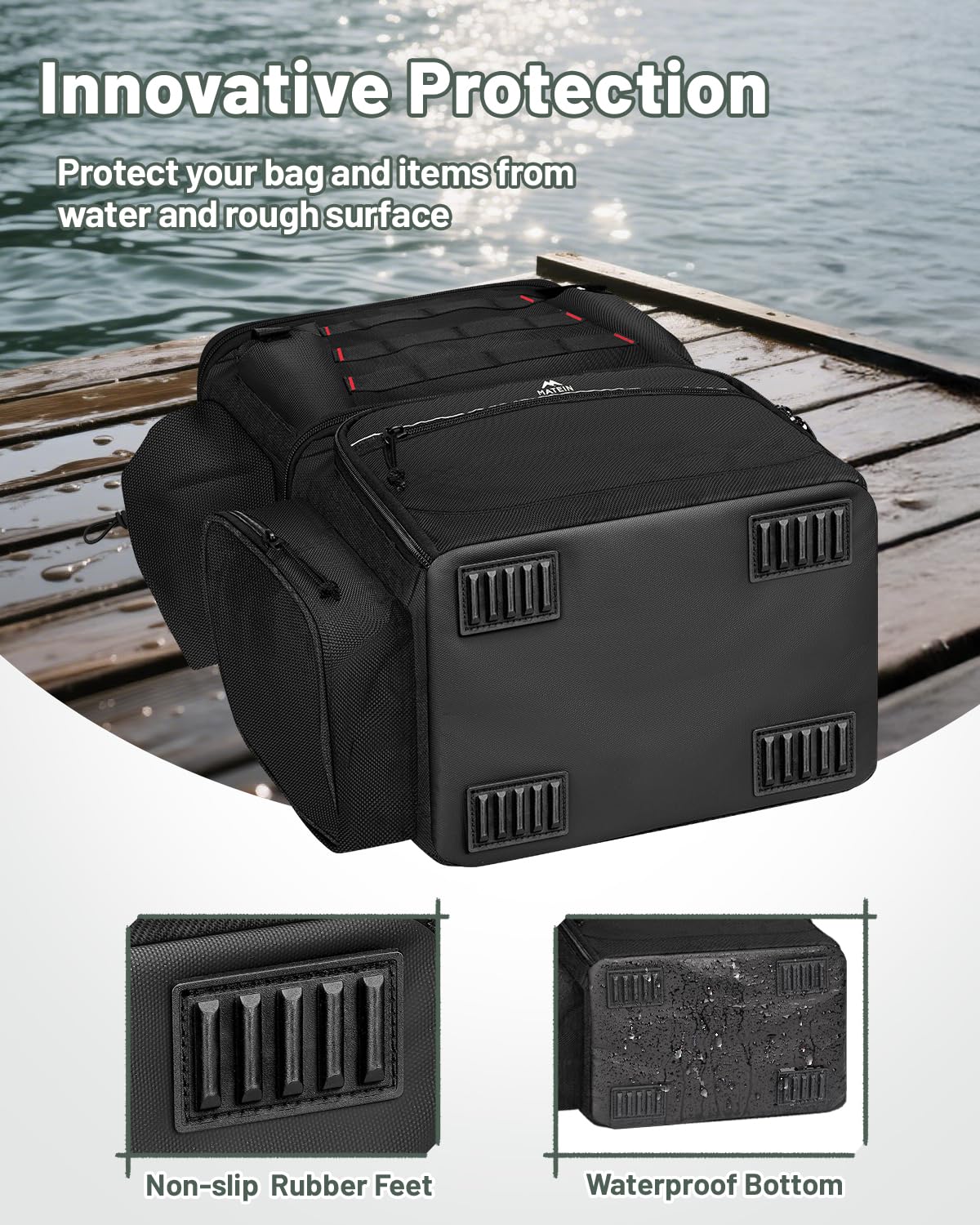 Waterproof 900D bottom and saltwater resistant fabric on MATEIN backpack