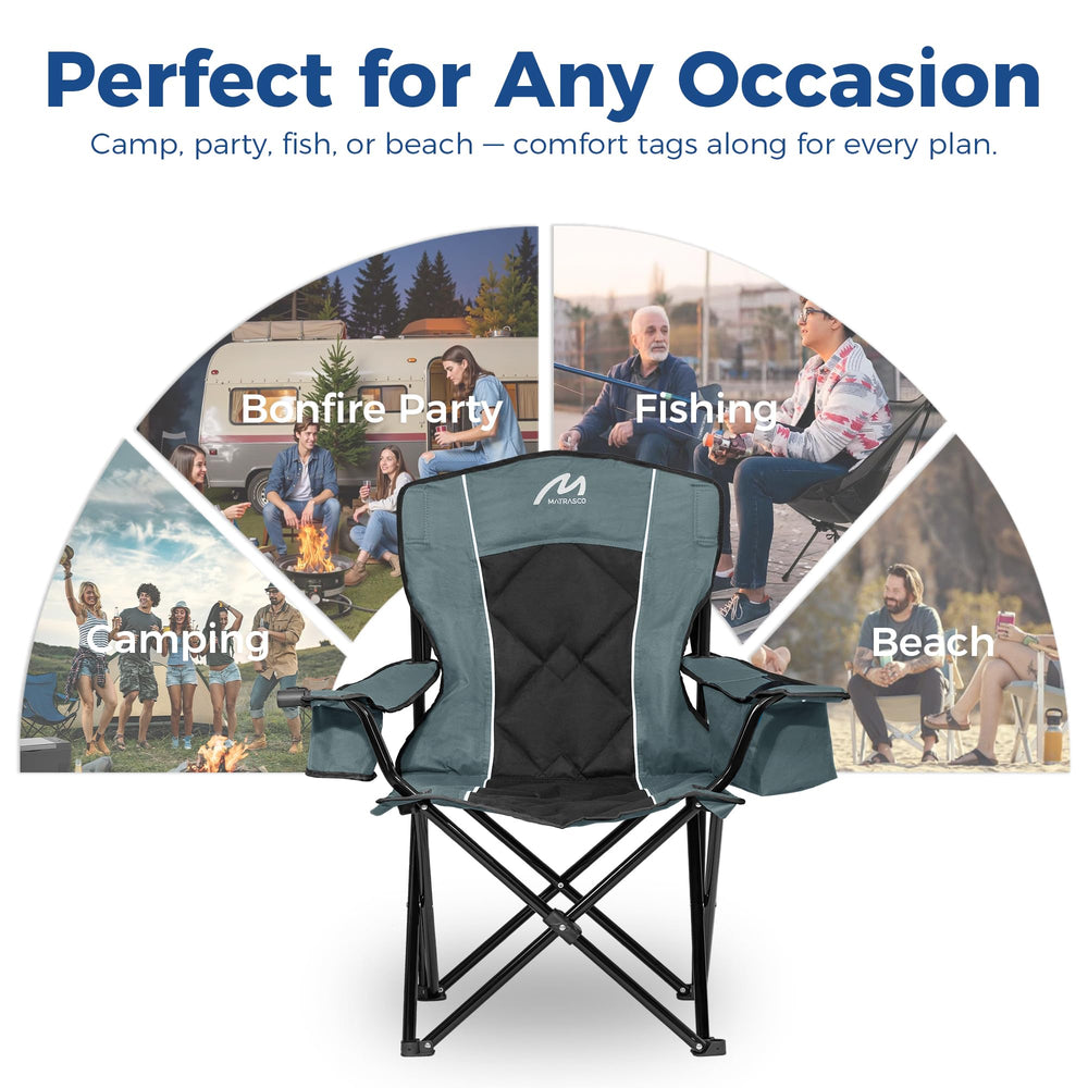 Matrasco chair shown on a beach, highlighting portable comfort and convenience.