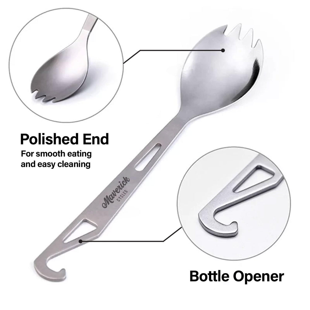 Maverick Cycles titanium spork in backpack demonstrates compact, easy-to-carry design for hiking.