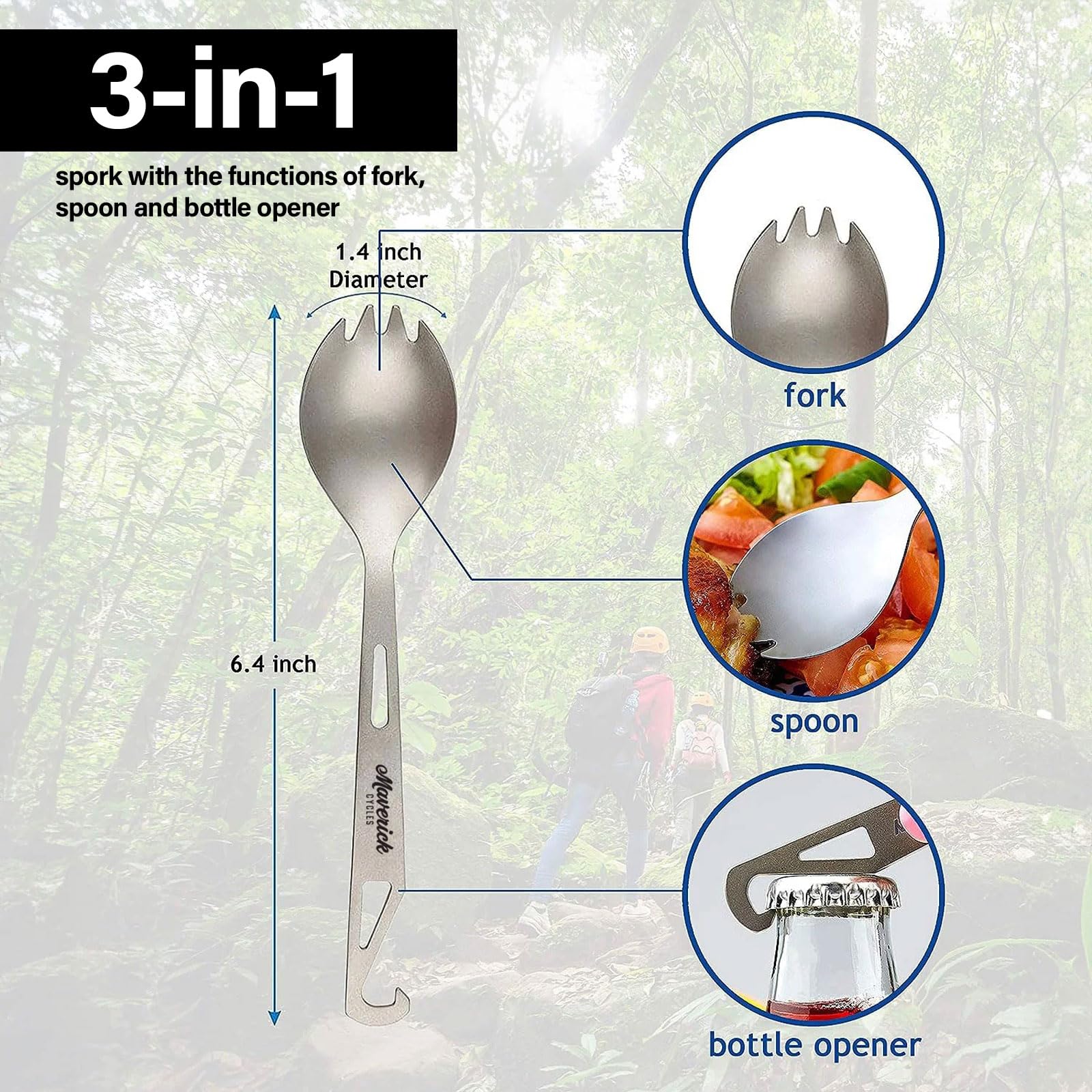 Maverick Cycles titanium spork bottle opener handle demonstrates multitool convenience for outdoor trips.