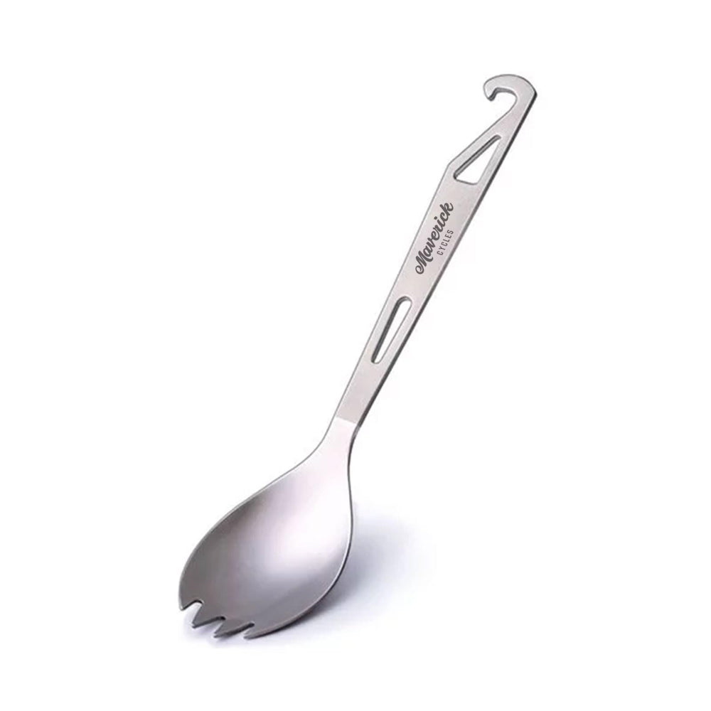 Maverick Cycles titanium 3-in-1 spork closeup shows durable, lightweight travel design.