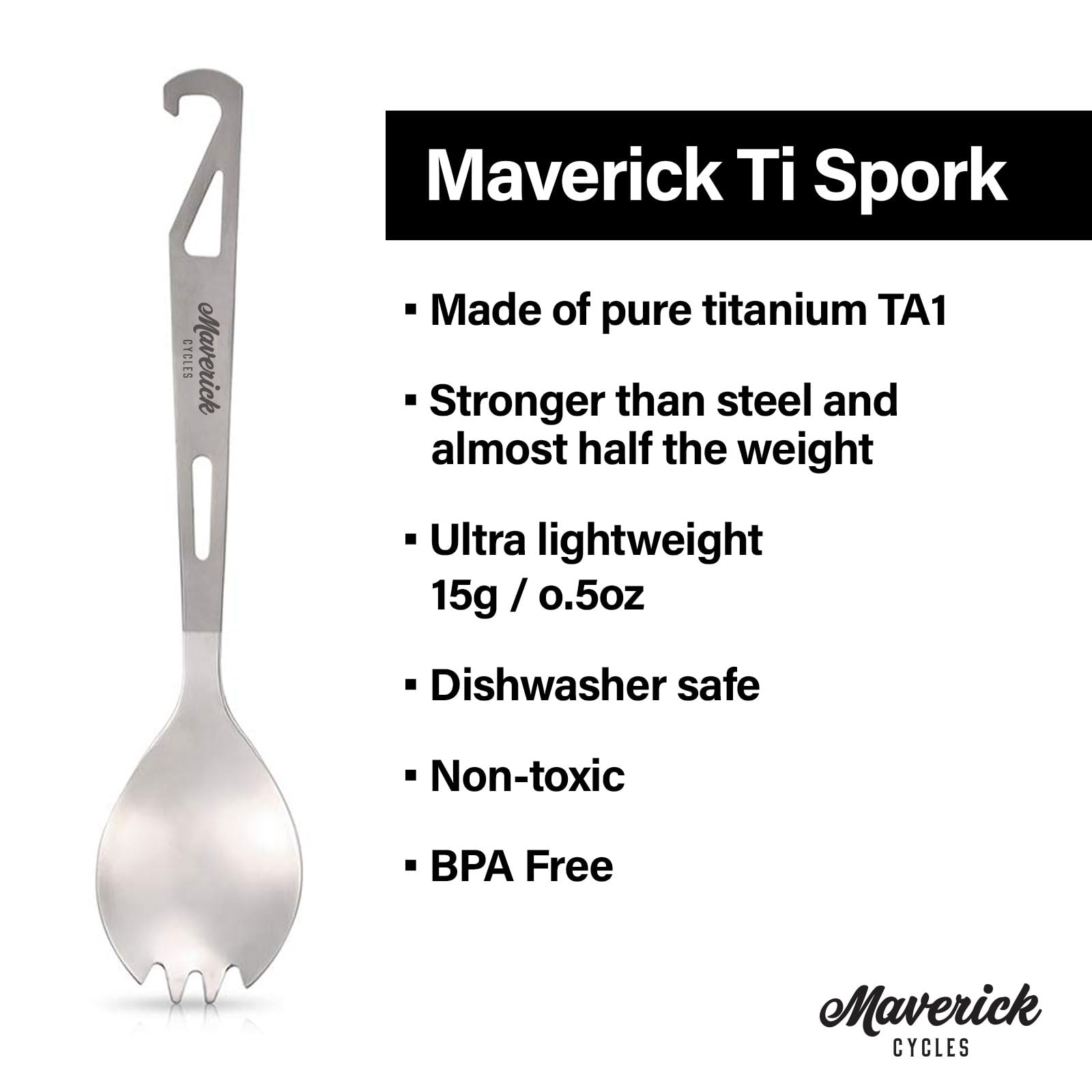 Maverick Cycles titanium spork promotes eco-friendly meals away from plastic during adventures.