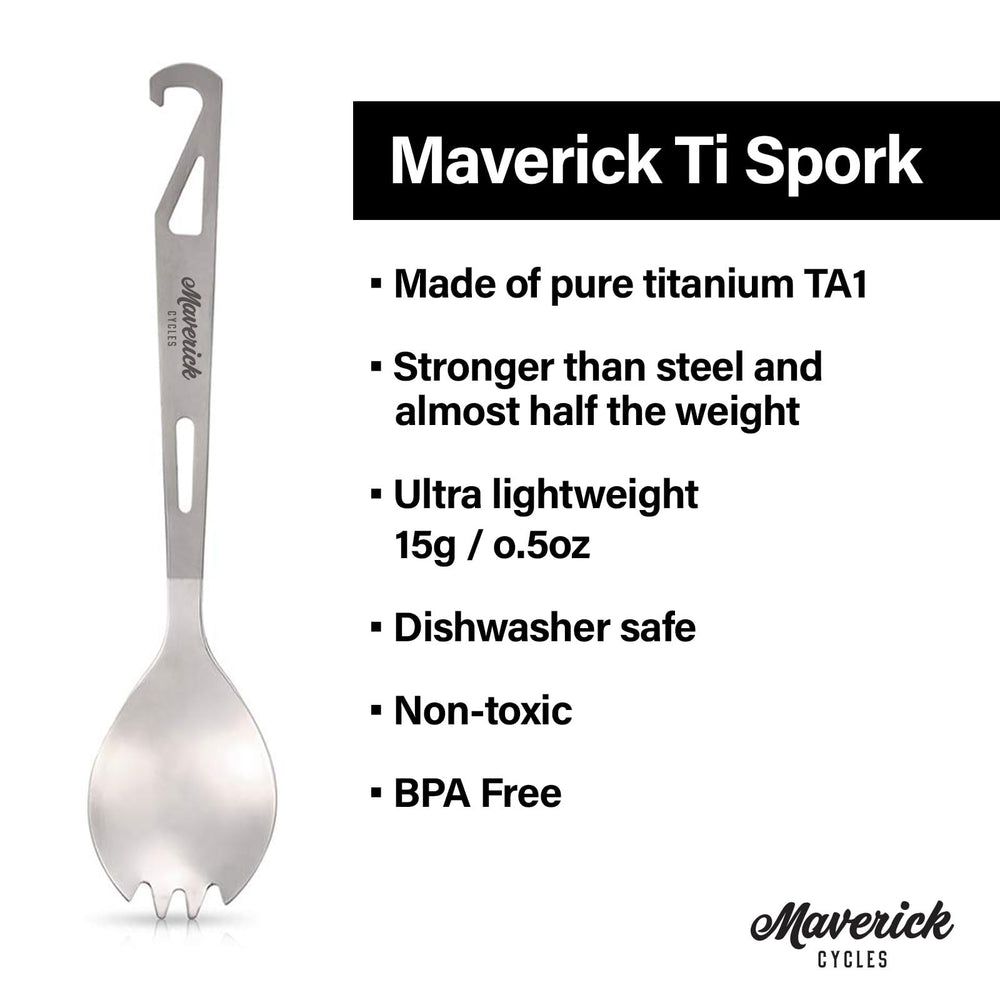 Maverick Cycles titanium spork promotes eco-friendly meals away from plastic during adventures.