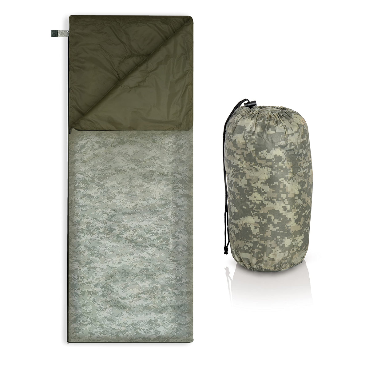 Maxam digital camo sleeping bag, closed, delivering lightweight, comfortable warmth for camping nights.