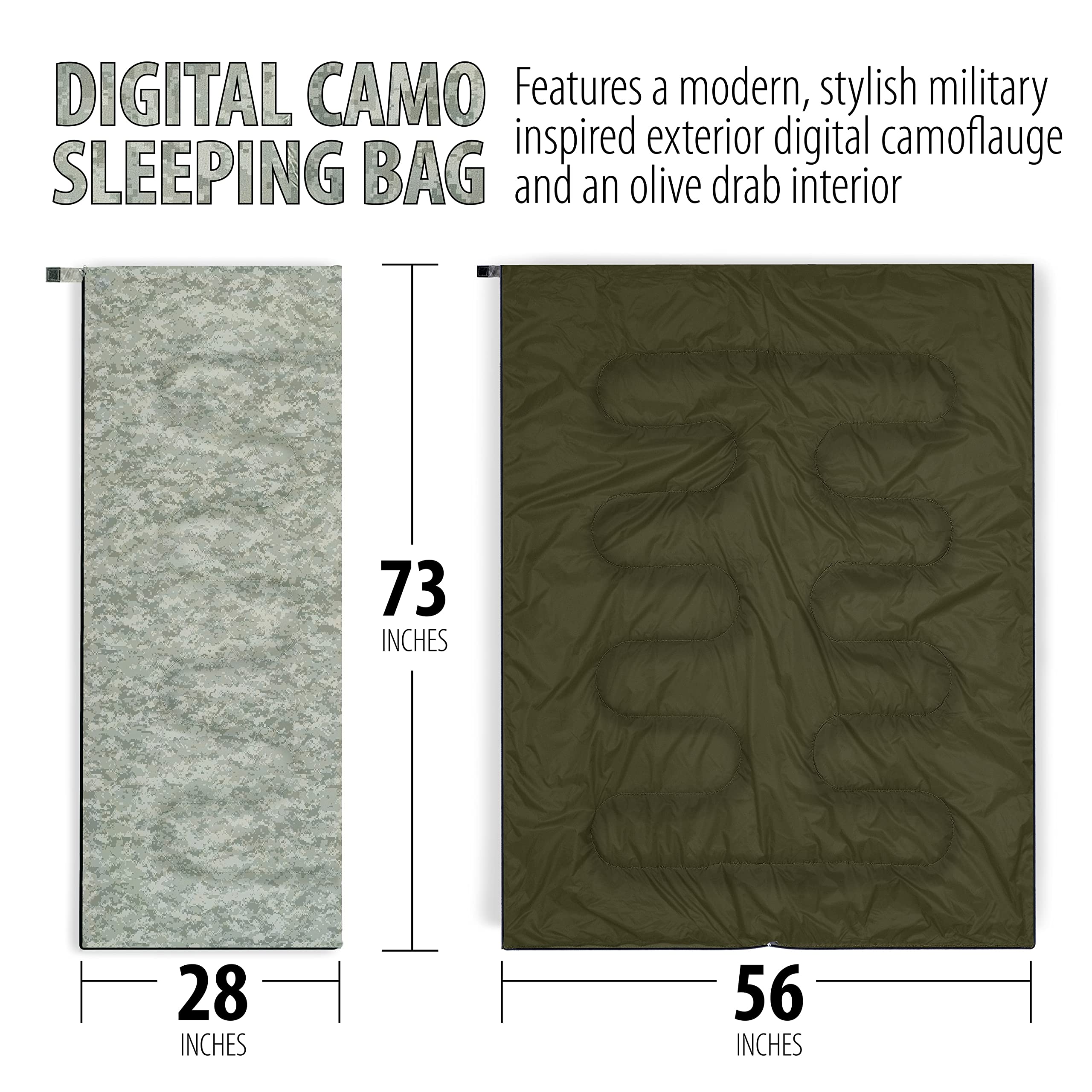 Maxam digital camo sleeping bag packed for compact backpack transport.