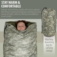 Maxam digital camo sleeping bag rectangular design enables room to stretch and sleep on side.