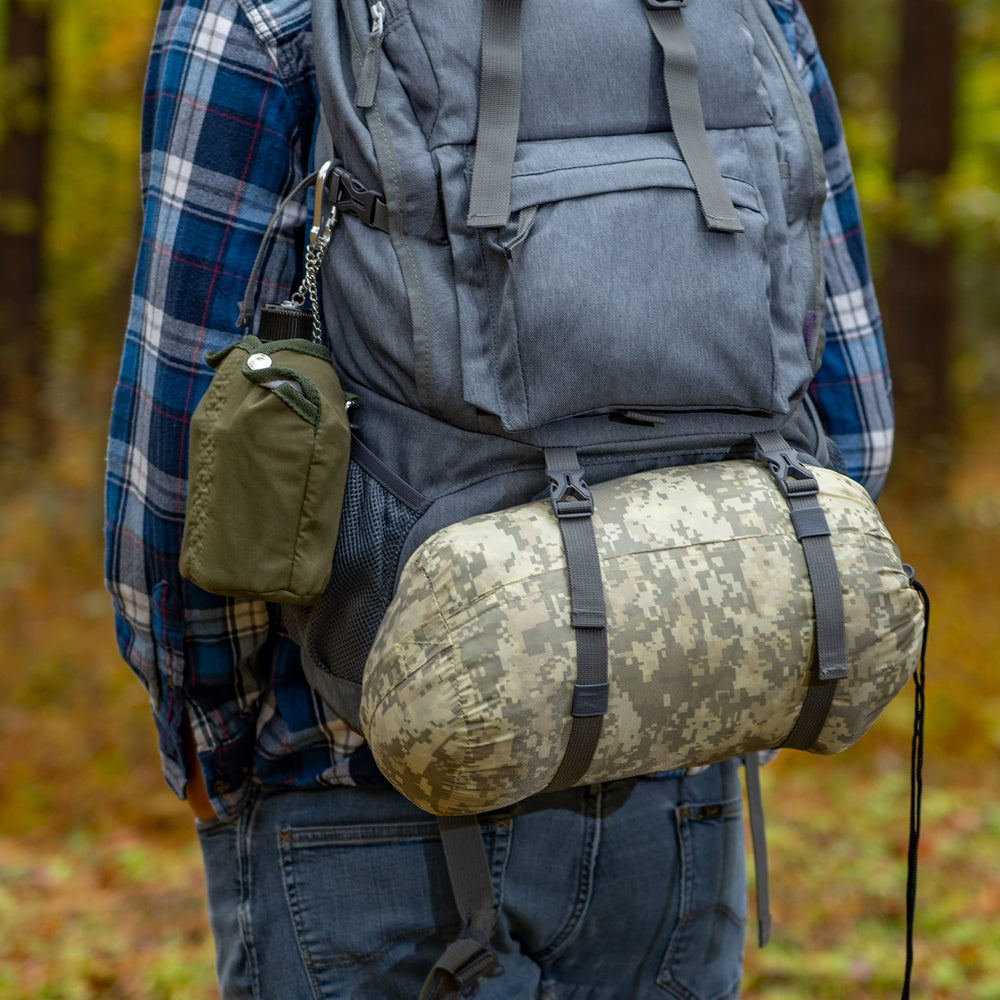 Maxam sleeping bag uses micro-polyester fill for airy warmth on warm nights.