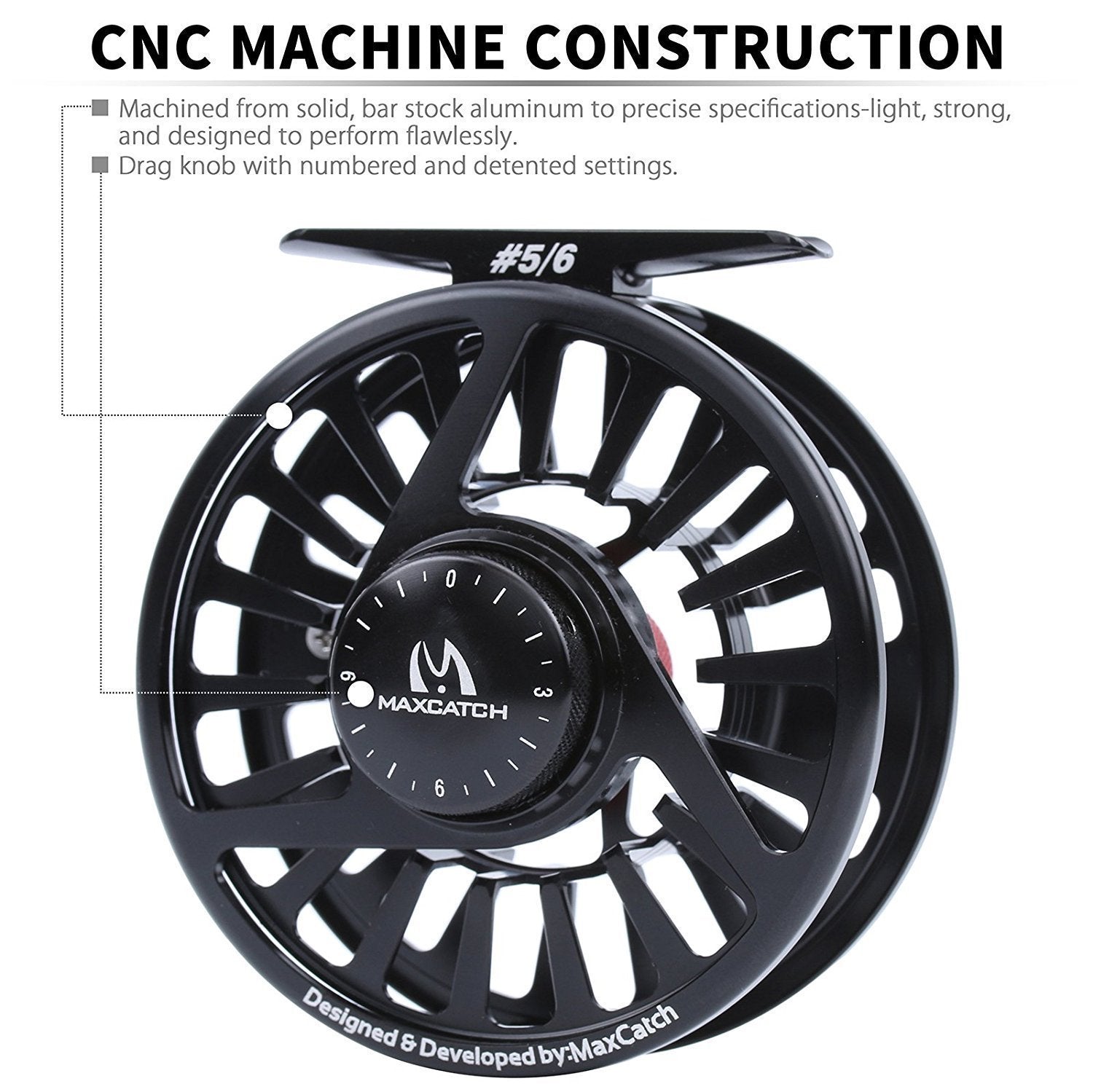 Maxcatch Avid drag-knob detail enables precise, numbered drag adjustments.