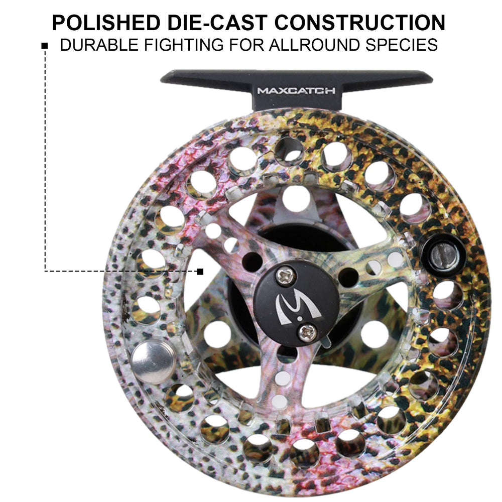 M MAXIMUMCATCH Maxcatch ECO fly reel drag-system close-up for controlled fighting.
