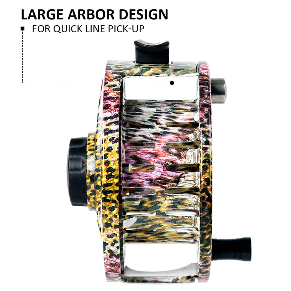 M MAXIMUMCATCH Maxcatch ECO fly reel large-arbor design speeds line retrieval in windy days.
