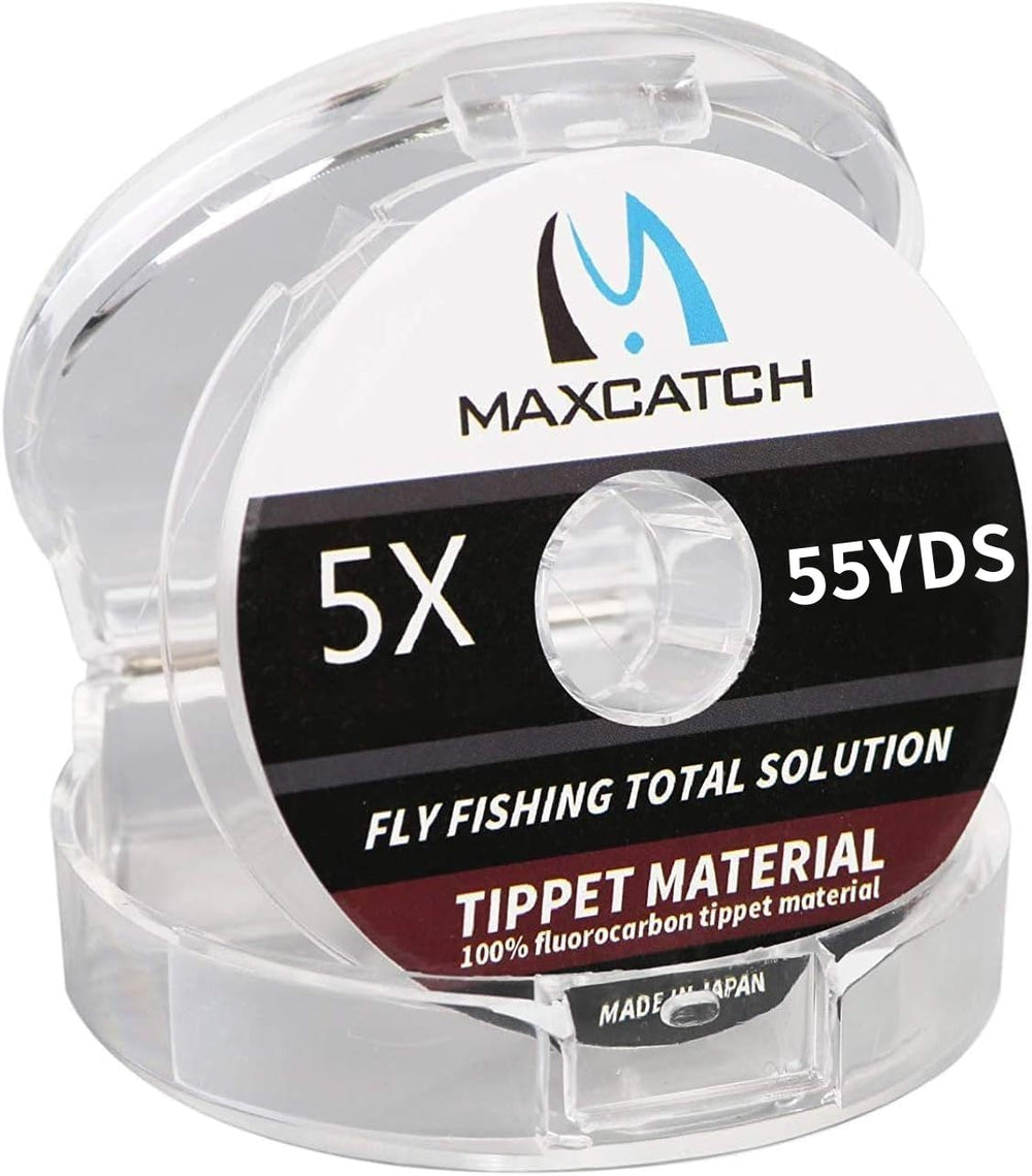 M MAXIMUMCATCH fluorocarbon tippet spool close-up with clear labeling for quick size checks
