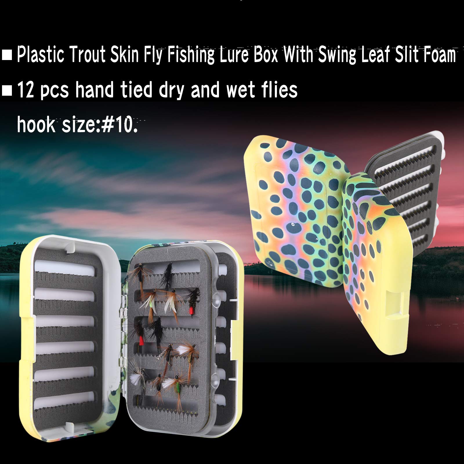 12 hand-tied flies stored in a floating brown fly box