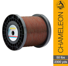 Maxima Chameleon 50lb abrasion-test spool illustrating toughness in rugged fishing conditions