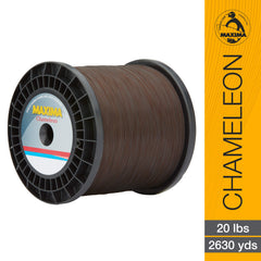 Maxima Chameleon color-shift spool close-up emphasizes durability and knot strength for tough fishing.