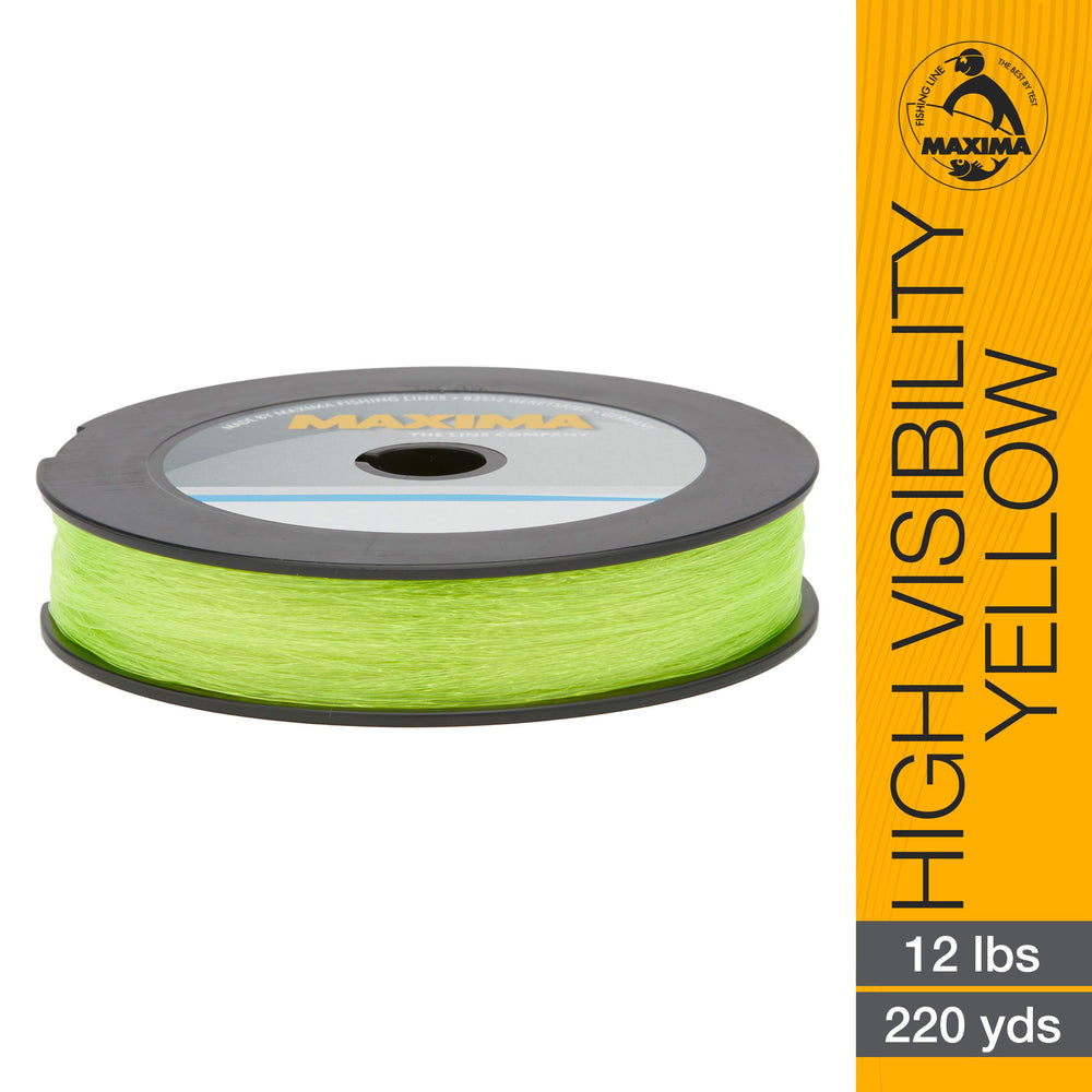 Maxima One Shot Spools yellow line packaging demonstrates durability for freshwater and saltwater use.