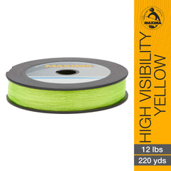 Maxima One Shot Spools yellow line packaging demonstrates durability for freshwater and saltwater use.